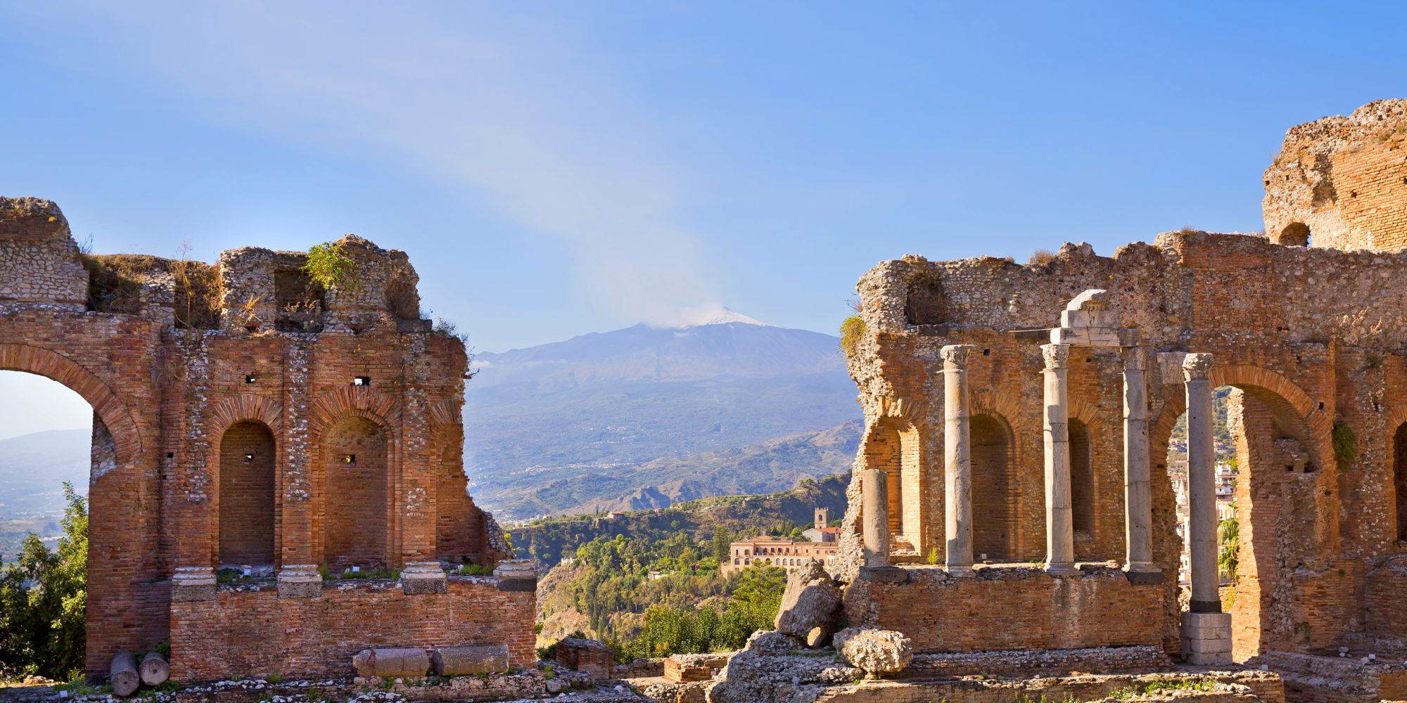 Taormina is famous worldwide for the view yoou can enjoy of the beautiful Mediterranean sea and on the Mount Etna, the highest active Vulcano in Europe.